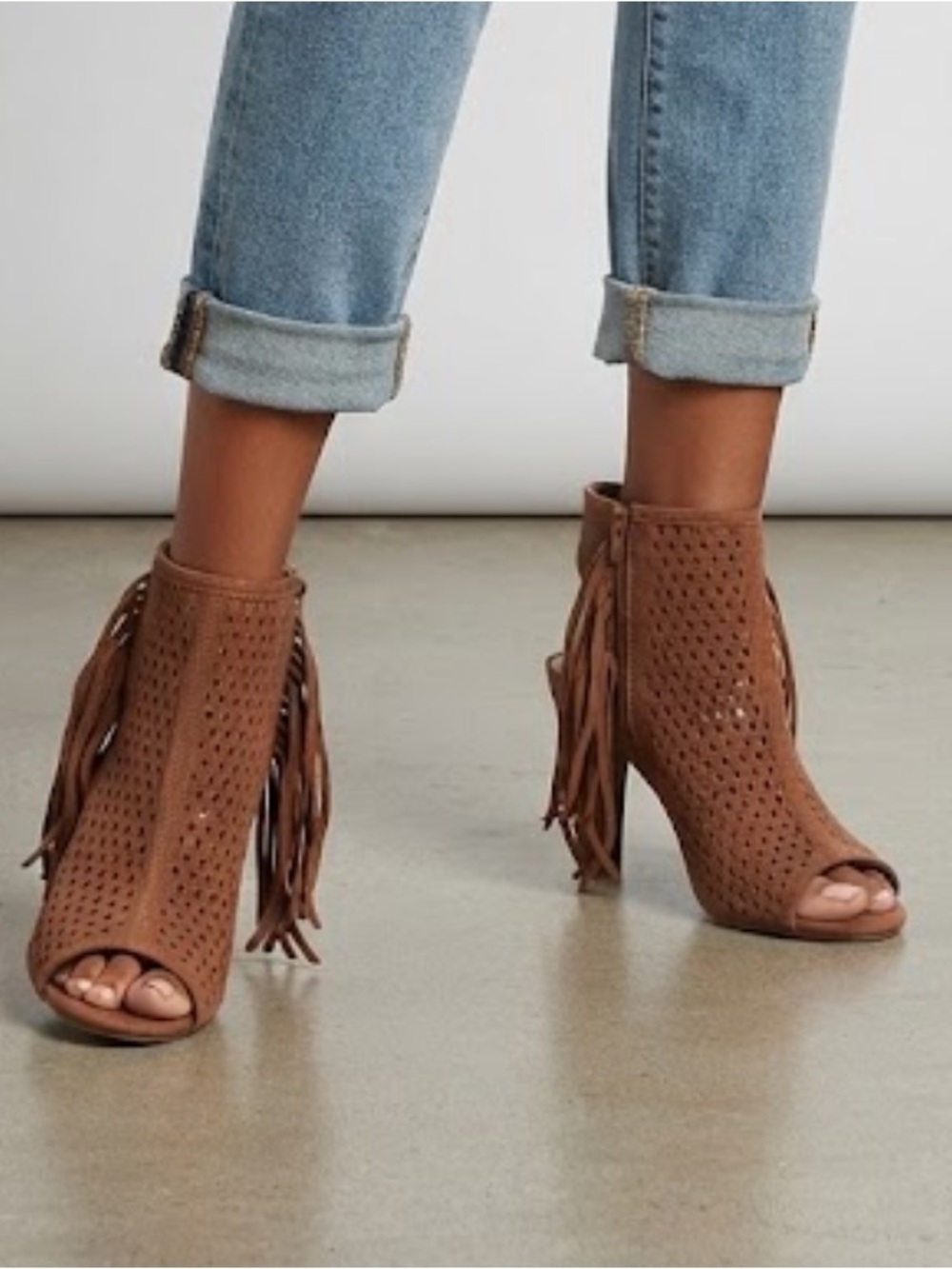 SHI by Journeys Tan Perforated Faux Suede Fringe Peep Toe Booties